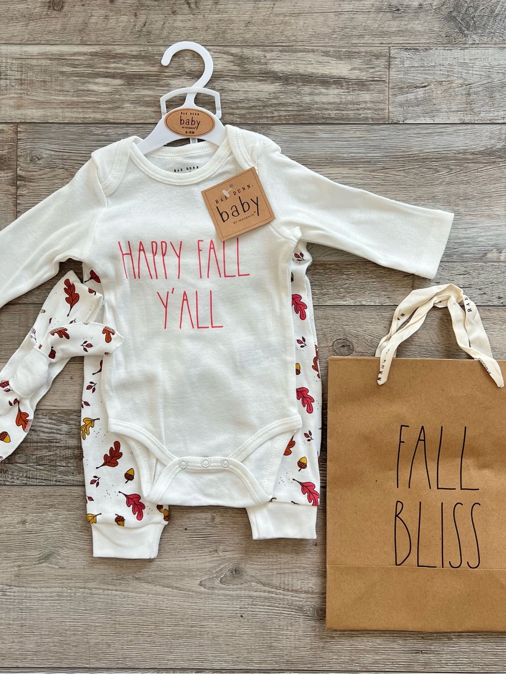 NWT Rae Dunn Girl’s ‘Happy Fall Ya’ll’ Outfit & Gift Bag Size 3/6 Months